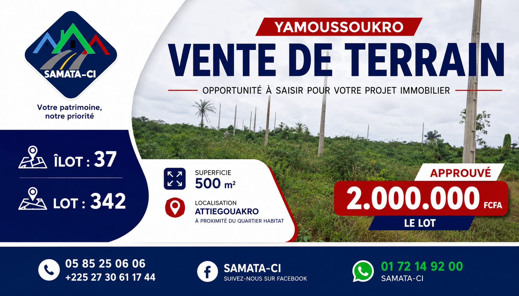 Terrain viabilisé de 500 m² à Attiégouakro, Yamoussoukro